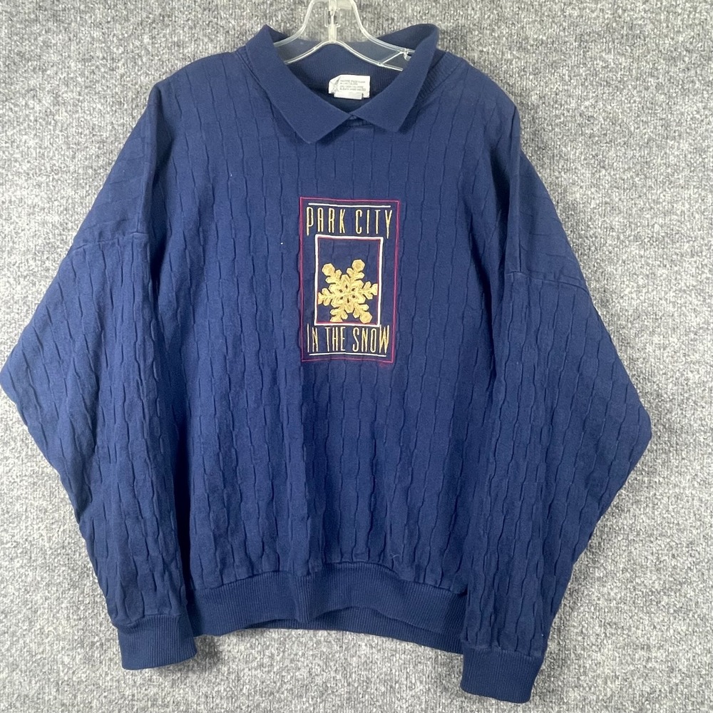 Vintage SGT Leisure Sweater Mens Large Green Blue Collared Park City Embroidered